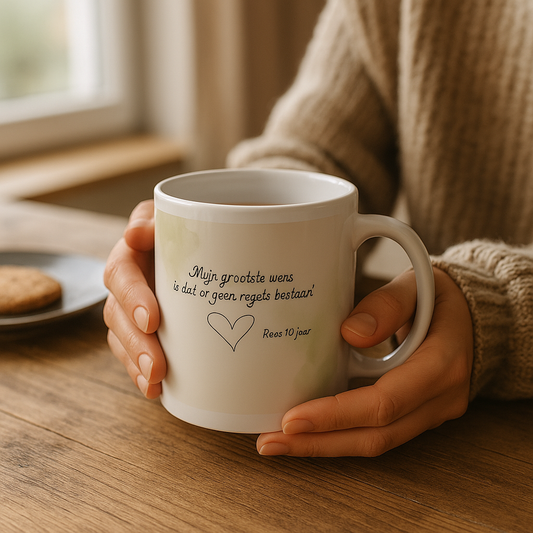 Gepersonaliseerde mok met een quote van  kind(eren) "Mijn grootste wens is dat er geen regels meer zijn" Roos 10 jaar